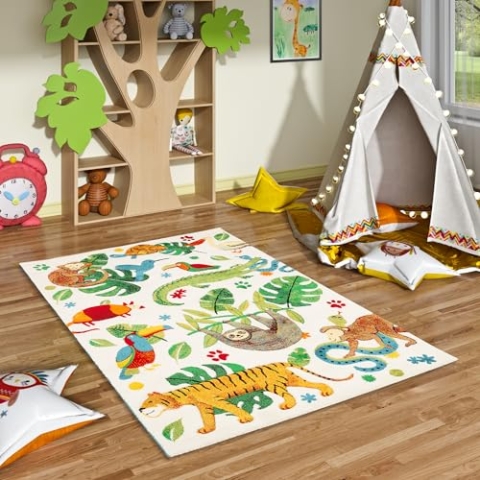 Pergamon Kinderzimmer Teppich Maui Kids Bunt mit Tiermuster Urwald in 5 Größen