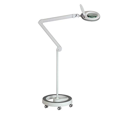 Lumeno LED Lupenleuchte 7218GR Lupenlampe mit 127 mm Echtglaslinse, Arbeitsplatzlampe, Kosmetiklampe, geeignet für Kosmetik, Bastler, Lesehilfe Vergrößerungslampe, 8 Dioptrien Grau mit Rollstativ