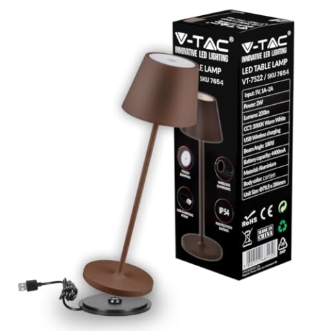 V-TAC Dimmbare LED-Tischlampe Kabellos mit Touch-Bedienung-Wiederaufladbar Braun Lampe für den Innen und Draußen-Außenbereich IP54-Für Hause und Restaurant-4400-mAh-Akku-Warmweiß 3000K-2W, VT-7522