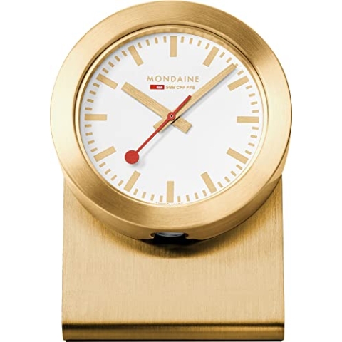 Mondaine Kleine Tischuhr mit Magnet, Gehäuse und Standfuß aus mattiertem, goldfarbenem Metall, Durchmesser: 50 mm, A6603031882SBG