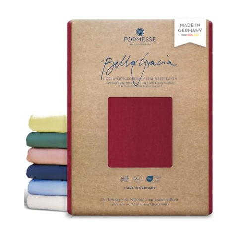 Formesse – Bella Gracia Jersey Spannbettlaken 120x190-130x220cm - bis 25cm Höhe - 97% Baumwoll-Kompaktgarn/Spannbetttuch aus Deutschland/Baumwoll Bettlaken mit Elasthan - Farbe Carminrot