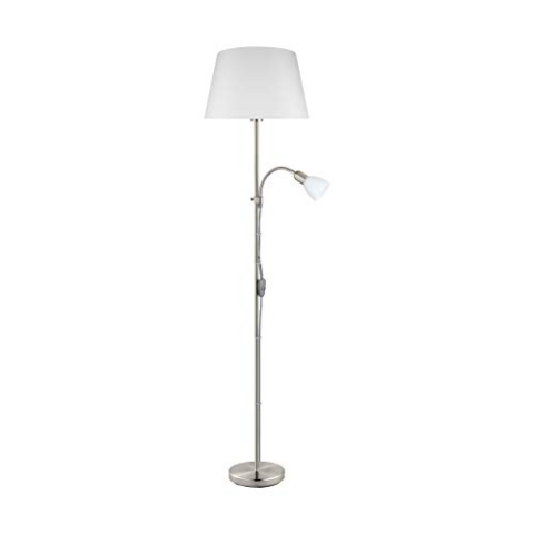 EGLO Stehlampe Conesa, 2 flammige Stehleuchte, Standleuchte aus Metall in Nickel-Matt, Textil in Weiß, und Glas, Wohnzimmerlampe, Deckenfluter mit Leselampe, E27, E14