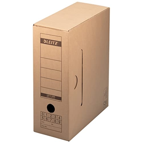 Leitz Premium Archiv-Schachtel mit Verschlusslasche, 120 mm Rückenbreite, Aktenkarton A4, Aufbewahrungsboxen für 15 Hängemappen, 100 % recycelbar, Faltbare Kartonverpackung, 10 Stück, Braun, 60860000