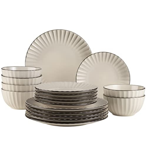 MÄSER 931967 Serie Osita Retro Tafelservice für 6 Personen mit Wellenform, 18-teiliges rundes Geschirrset mit Speiseteller, Dessertteller und Müslischale, Essgeschirr Set, Steinzeug, Cremeweiß