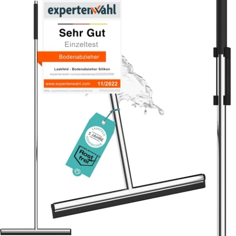 Wasserschieber Edelstahl Hochglanz poliert mit Silikonhalterung ohne Bohren - Bodenabzieher Dusche mit Lippe und Griff aus Silikon - Abzieher Dusche Boden optimiert - Wasserabzieher Boden ergonomisch