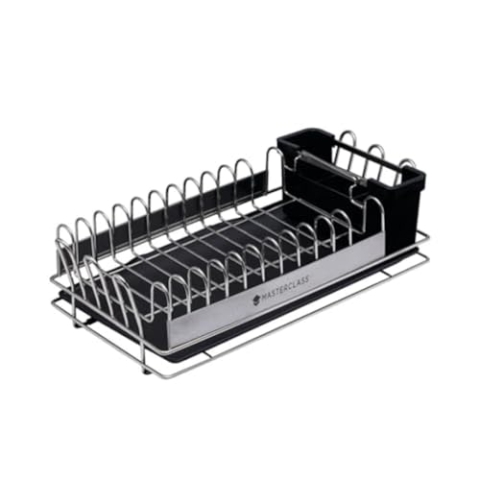 MasterClass Kleiner Edelstahl-Geschirrabtropfer mit Besteckablage, 41 x 22 x 13 cm, Silber/Schwarz