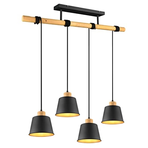 Trio Leuchten Pendelleuchte Harris 312700432, Metall Schwarz matt,innen goldfarbig, Holz natur, exklusiv Leuchtmittel 4x E27