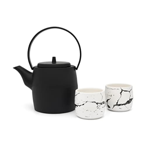 Bredemeijer gusseiserne Asia Teekanne 1.2 Liter - Tee Set mit 2 Porzellan Teebecher - 3-teiliges Geschenk-Set