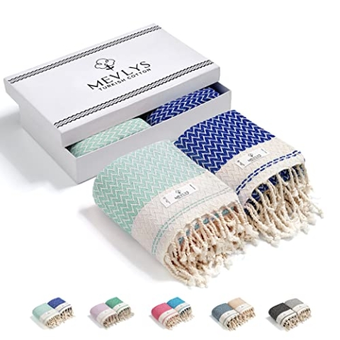 MEVLYS Strandtuch Hamamtuch [2er Pack] Saunatuch Saunahandtuch Badetuch Duschtuch Strandhandtuch Picknickdecke Yogatuch Baumwolle Extra Leicht Damen&Herren (Mint/Sax Blau)