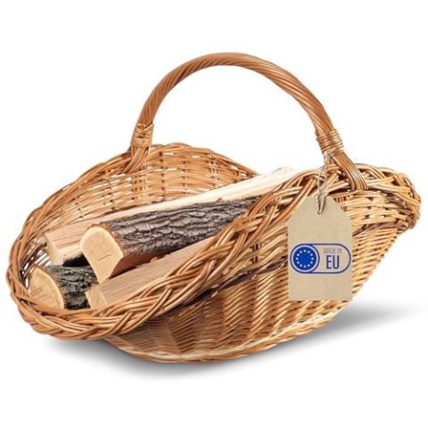 Creative Home Groß Holztrage Rattan Kaminholzkorb Kaminkorb Tragekorb | 67 x 41 x 43 cm | Aufbewahrung Oval Holzkorb Weidenkorb für Kaminholz/Holz | Braun Dick Weide Feuerholzkorb mit Streifen