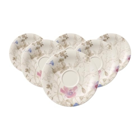 Villeroy & Boch Mariefleur Gris Basic Frühstücksuntertassen 6er Set, 19 cm, Unterteller mit Blumendekor, Premium Porzellan