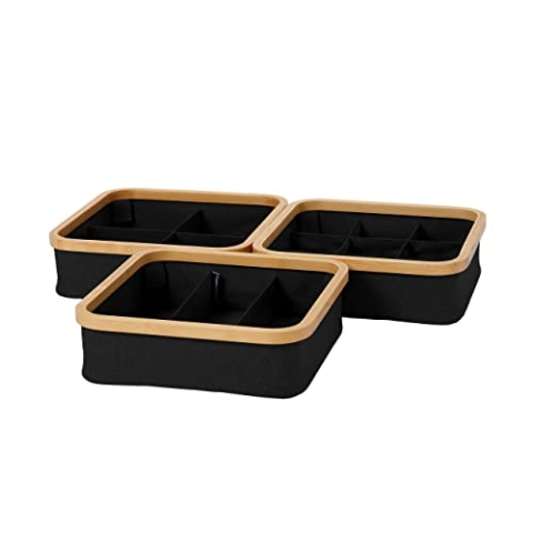 Lumaland faltbarer Organizer mit Bambus-Rahmen im 3er Set drei Boxen mit unterschiedlich großen Fächern 30 x 30 x 9 cm (3/4/9 Aufteilung), Anthrazit