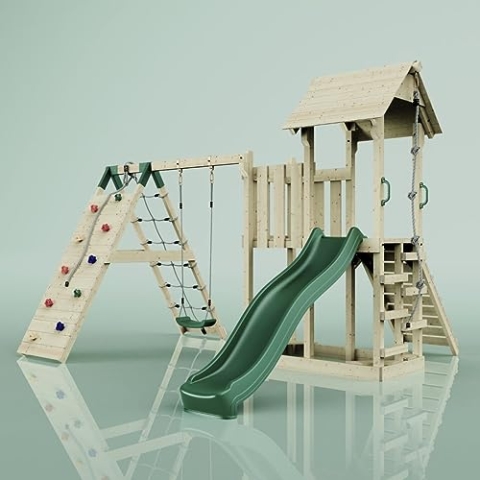 ReboOutdoor Spielturm mit Wellenrutsche | Klettergerüst mit Kinderschaukel, Kletterturm, Kletterwand, Kletternetz | Stabile Konstruktion, Weiches Gefühl in den Seilen
