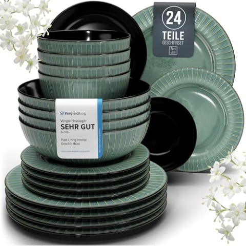 Steingut Geschirrset 6 Pers. Tokyo 24-tlg Hochwertiges Asia-Style TEST SEHR GUT Steingut Geschirr Set - Schüssel- und Teller Set - Tafelservice 6 Personen Geschirrsets Pure Living in Grün