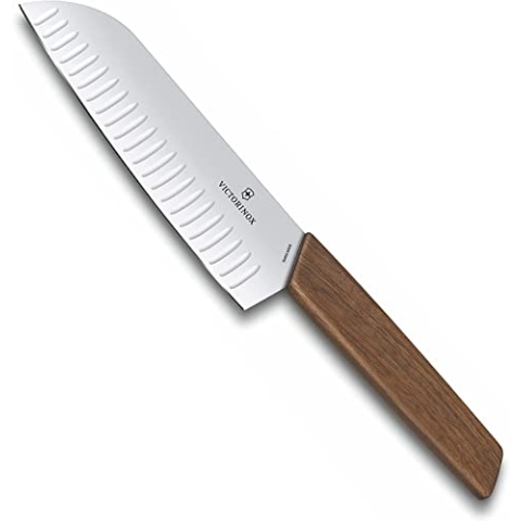 Victorinox Swiss Modern, Profi Santokumesser, Extra Scharfe Klinge, Kullenschliff, 17 cm, Edler Holzgriff, Rostfreier Stahl, braun