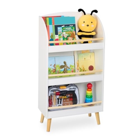 Relaxdays Bücherregal Kinder, HBT: 95,5x50x24 cm, 3 offene Fächer für Bücher, Kinderbücherregal, Kinderregal, weiß/natur