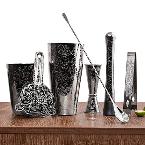 Sky Fish Cocktail Shaker Set, Ätzen Cocktail Shaker Kit in Geschenkbox 7er Set, Handwäsche. (Schwarz)