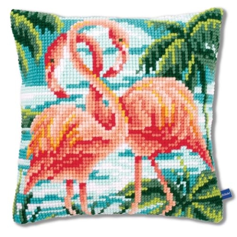 Vervaco Kreuzstich Stickpackungen Kissen Stickerei Set Anfänger Vorgedruckt 2 rosa Flamingos DIY Set Kreativ Set Für Erwachsene Dekoratives Kissen ca. 40 x 40 cm Bastelset Handwerker Haus Dekoration