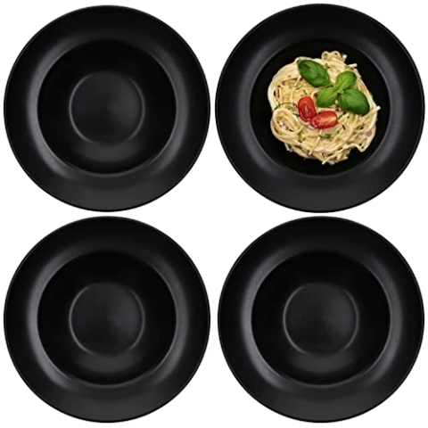 MamboCat 4er Set Pastateller Nero I matt schwarz I 400 ml I Ø 27cm I Schwarze Nudel Teller I Essteller tief I Steingut I Geschirr zum Anrichten von Pasta I Alternativ für Suppe, Salat & Co