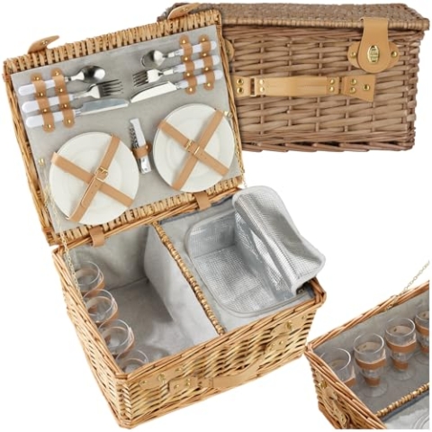 tectake® Picknickkorb 4 Personen, inkl. Kühlfach, befüllter Picnic Basket Weidenkorb für Ausflug, Camping, Dinner Date, Picknickkorb mit Deckel, als Geschenkkorb, Rotkäppchen Korb - Föhr