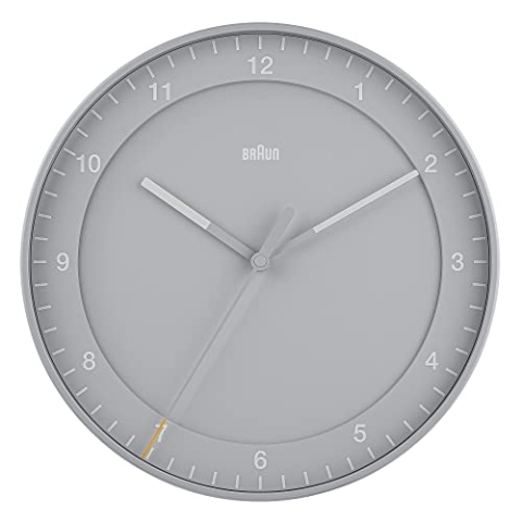 Braun Classic Große Analog-Wanduhr mit geräuschlosem Uhrwerk (kein Tickgeräusch), leicht ablesbar, 30 cm Durchmesser in Grau, Modell BC17G.
