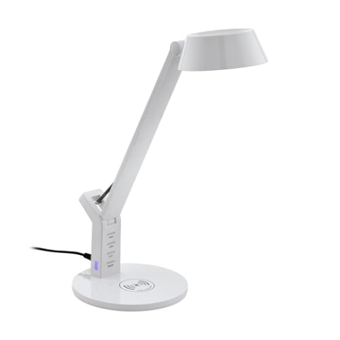 EGLO LED Tischlampe Banderalo, 1 flammige Schreibtischlampe mit QI Ladestation, warmweiß, neutralweiß, kaltweiß, dimmbar, Tischleuchte, Bürolampe aus Kunststoff in Weiß, LED Schreibtischleuchte