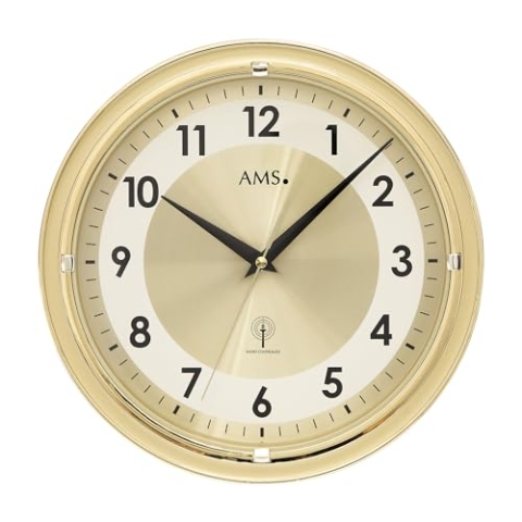 AMS. Funk-Wanduhr Civetta 5946, goldenes Kunststoffgehäuse, mit Aluminium-Zifferblatt, arabischen Ziffern und Mineralglasabdeckung, 30 cm