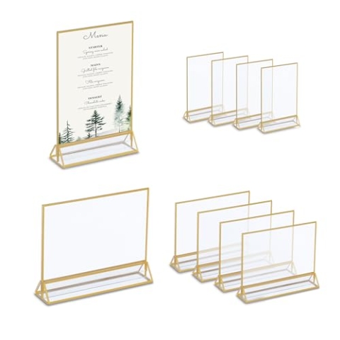 Relaxdays Tischaufsteller, 10er Set, A5, Hoch-& Querformat, Speisekarte, Hochzeit, Acrylaufsteller, transparent/Gold