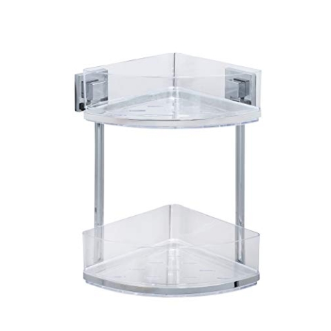 WENKO Vacuum-Loc® Badezimmer Eckregal Quadro Duo, ohne Bohren, mit 2 Etagen, rostfreie Edelstahl Halterung mit herausnehmbarer Kunststoffschale, Pflegeleichte Duschablage, 28 x 32,5 x 19,5 cm
