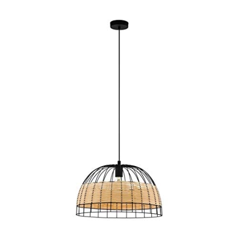 EGLO Pendelleuchte Anwick, 1 flammige Hängelampe Vintage, Boho, Hängeleuchte aus Stahl und Rattan, Esstischlampe, Wohnzimmerlampe hängend in Schwarz, Natur, E27 Fassung, Ø 50 cm