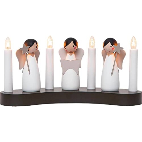 Weihnachtsdeko Angel Choir von Star Trading, Kerzenständer mit 4 Glühbirnen E10 warmweiß, Weihnachtsfigur, Engel aus Holz, Kabelschalter, Länge: 31 cm