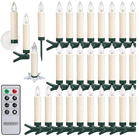 MONZANA® Christbaumkerzen LED Kabellos 30er Set Batterie Timer Fernbedienung Echtwachs Optik Lichterkette Weihnachten Flackernd Warmweiß Tannenbaum