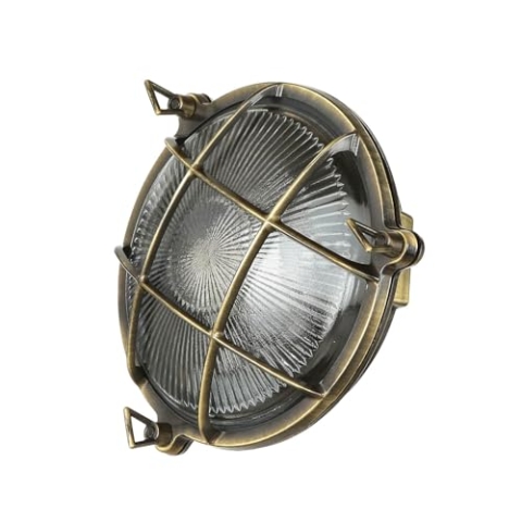 Licht-Erlebnisse Außenleuchte Wand Messing Glas in Antik IP64 Balkon Garten Ø21 cm E27 rund Gitter Maritim Rustikale Schiffsleuchte Wandlampe SERIFOS