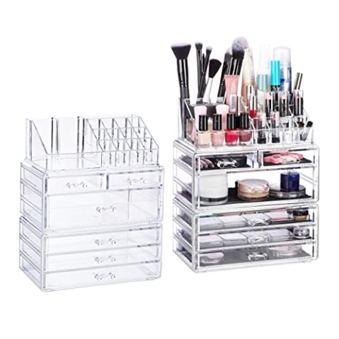 Relaxdays 2 x Kosmetikorganizer mit 6 Schubladen, je 22 Fächer Make Up Organizer, Schmink-Aufbewahrung aus Acryl, transparent