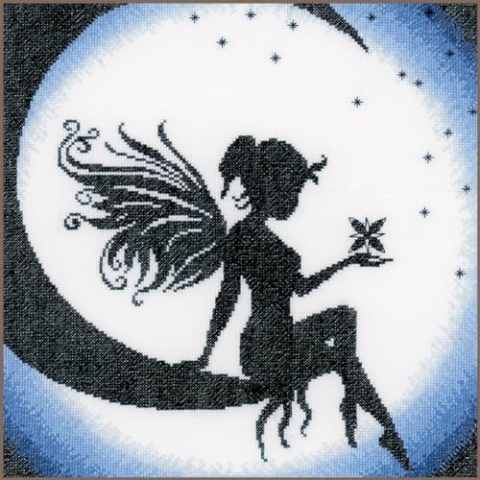 Lanarte Kreuzstich Stickpackungen Gezählter Kreuzstichbilder Set FEE AUF MOND FEIN WEISS Wanddekoration Handarbeit Set für Erwachsene 24 x 24 cm DIY Deko Bastelset Handwerker Kreative Geschenkset