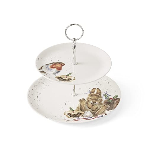 Wrendale Designs Royal Worcester Wrendale Deigns Festlicher zweistöckiger Tortenständer A Merry Little Christmas – Rotkehlchen und Hase, Weiß