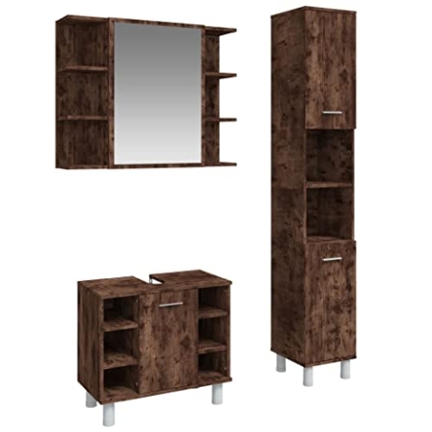 vidaXL Badmöbel Set 3 TLG., Badezimmer Möbel mit viel Stauraum, Badschränke mit Spiegel, Badspiegel Waschbeckenschrank Hochschrank Badezimmerschrank, Räuchereiche Holzwerkstoff
