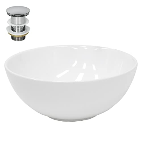ECD Germany Waschbecken Waschtisch Ø 320 x 135 mm inkl. Ablaufgarnitur ohne Überlauf aus Keramik Rund Weiß - Aufsatzbecken Aufsatzwaschbecken Waschschale Aufsatzwaschtisch Spülbecken Becken