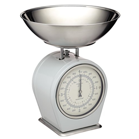 KitchenCraft Mechanische Küchenwaage, Waage im Vintage-Stil mit abnehmbarer Edelstahl-Wägeschale, Living Nostalgia Kollektion, Farbe französisch grau und silberne Schale, 4kg Kapazität, 1 Waage