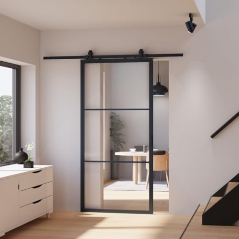 inova Glas-Schiebetür Komplettset klar 1025x2200mm Industriestil schwarz offene Laufschiene beidseitiger Softclose