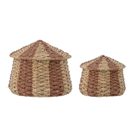 Bloomingville MINI Ruddi Korb mit Deckel, Rot, Bankuan-Gras, T18xH17/T25,5xH22 cm, 2er-Set