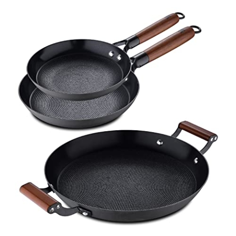 MasterPRO Odín | Juego de sartenes antiadherentes 20 y 24 y placa de parrilla de 28 cm, de hierro prensado, mango ergonómico de madera de acacia, utensilios de cocina, para todo tipo de fuegos