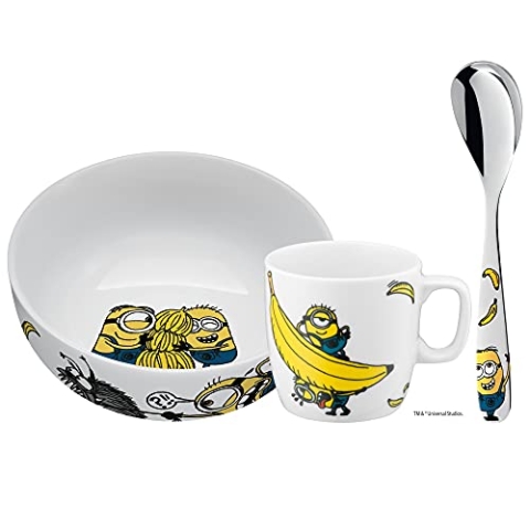 WMF Minions Kindergeschirr Porzellan mit Löffel 3-teilig, ab 3 Jahren, Kinderschale, Kindertasse, Kinderlöffel, Frühstücks-Set, spülmaschinengeeignet, farb- und lebensmittelecht