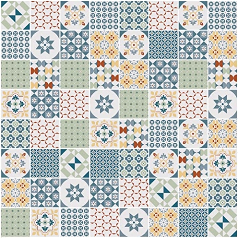 ARTENS - PVC Bodenbelag - Click Vinyl-Fliesen ELIN - Vinylboden - FORTE - Zementfliesen Muster - Blau/Grün/Gelb - L.61 cm x B.30,5 cm - Dicke 4 mm - 1,67 m²/ 9 Fliesen - Belastungsklasse 32