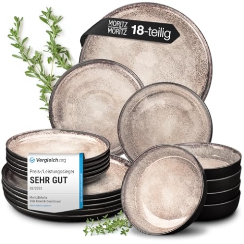 Moritz & Moritz VIDA Geschirrset 6 Personen Beige 18-tlg. - Modernes Porzellan Geschirr Set - Kratz-, Mikrowellen- & Spülmaschinenfest, Essgeschirr, Tafelservice, Kombiservice 6 Personen