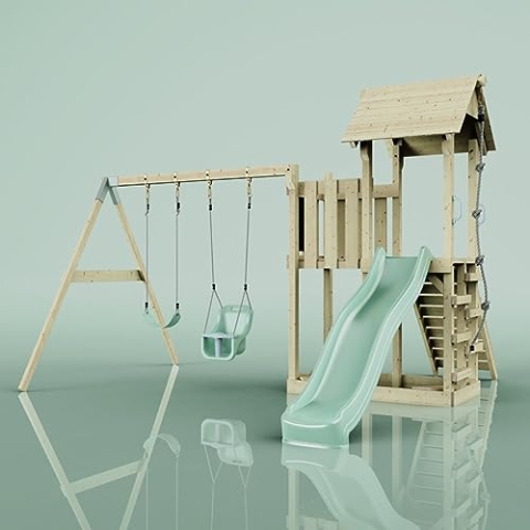 Rebo Spielturm mit Wellenrutsche, Kinder-Schaukel und Baby-Schaukel | Outdoor Klettergerüst Garten mit Plattform | Kletterseil und Kletterleiter | Stabile Konstruktion