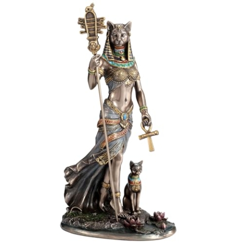 Veronese Design Ägyptische Göttin Bastet mit Sistrum-Instrument und Ankh-Kreuz mit Katze, kaltgegossenes Kunstharz, Bronze-Finish, Skulptur, 26,4 cm