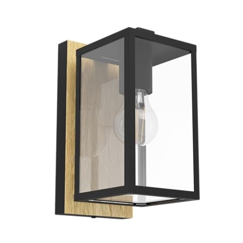 EGLO Wandlampe außen Budrone, Außenbeleuchtung Hauswand, Wand Außenlampe, Außenwandleuchte aus Metall in Schwarz und Holz-Optik, Glas in Transparent, E27 Fassung, IP44