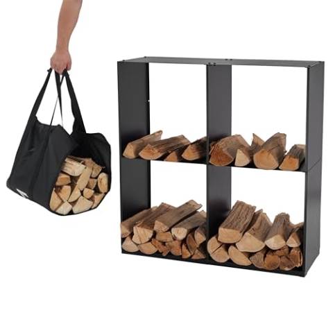 Lendo Online Kaminholzregal + Tragetasche - Innen & Außen - Feuerholzregal - Kaminholzständer - Brennholzregal - Schwarz - Metall (80x28x80cm)