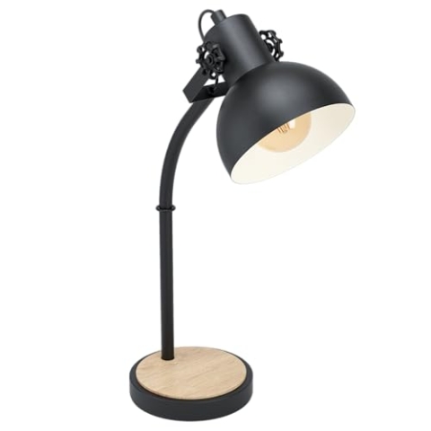 EGLO Tischlampe Lubenham, Vintage Tischleuchte im Industrial Design, Retro Nachttischlampe aus Stahl und Holz, Farbe Schwarz, braun, FSC zertifiziert, Fassung E27, inkl. Schalter